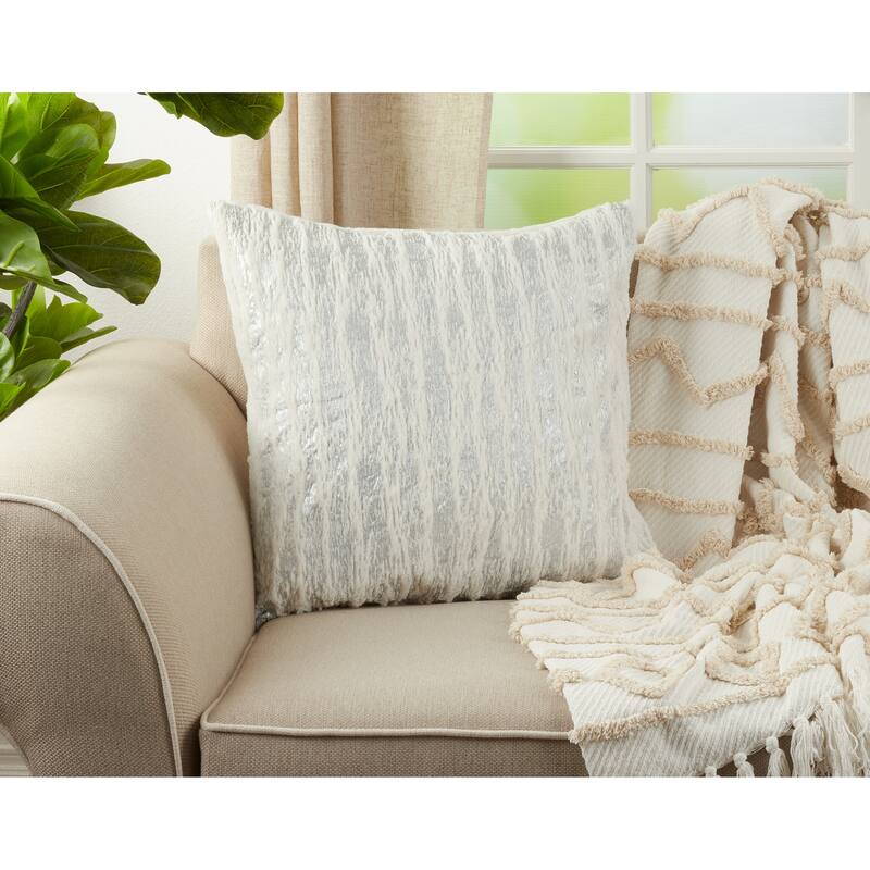 Faux Fur With Brushed Metallic Foil Print Down Filled Throw Pillow - Silver - 20"X20"