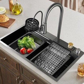 ECTbicyk 31.5" Single Bowl Stainless Steel Drop-In Kitchen Sink – Black Nano-Coated, With Waterfall Faucet, Cutting Board, Drainer & More Accessories