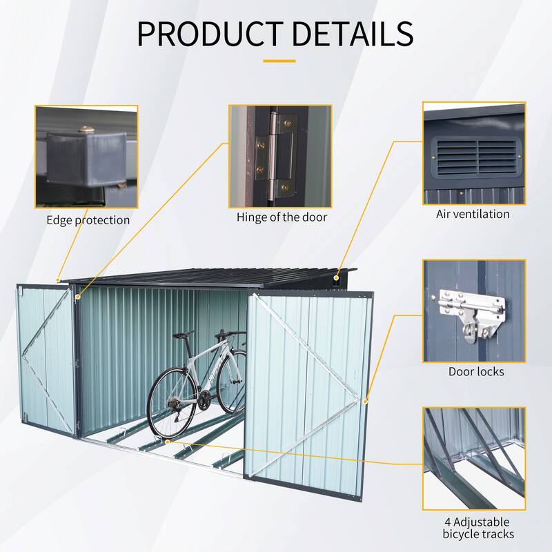 Bike Shed Storage Shed with Adjustable Bike Tracks & Double Lockable Doors All-Weather Garden Shed, Rustproof, Water-proof