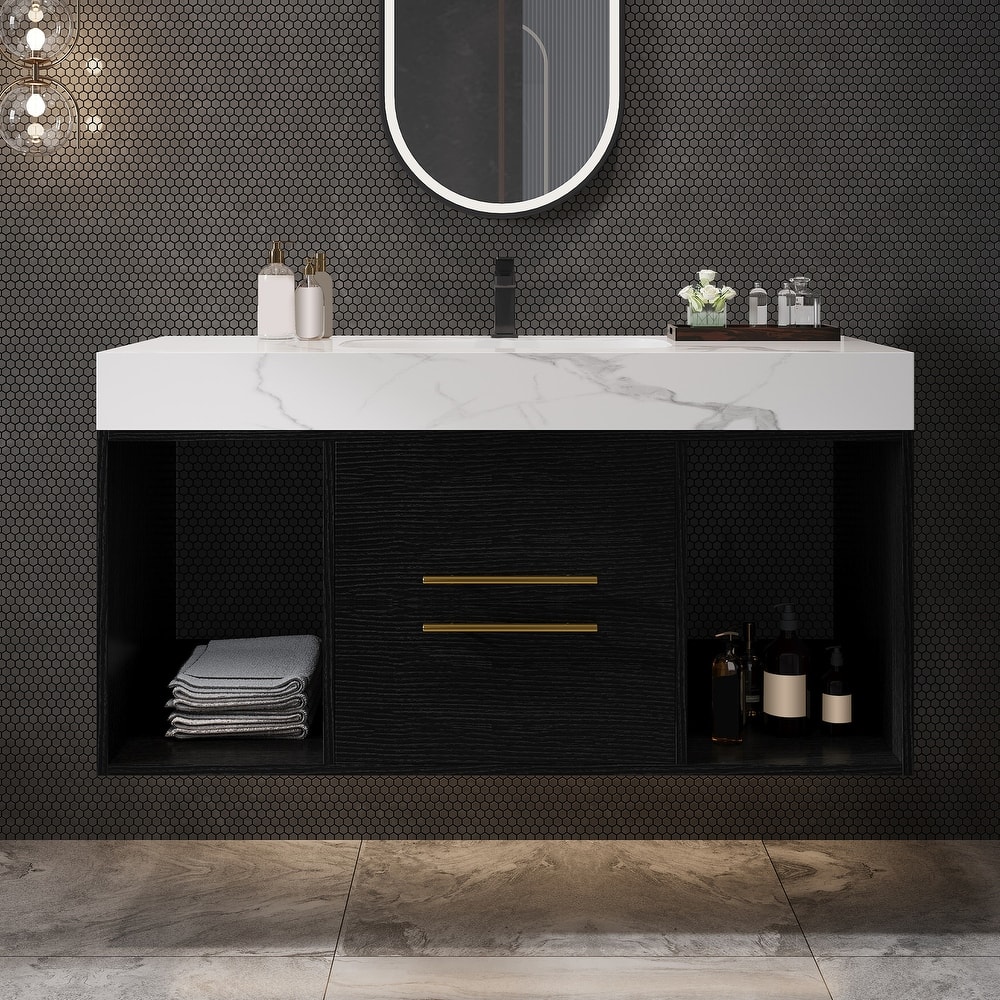 GDFStudio - Modern 39.4" Wall Mounted Floating Sintered Stone Bathroom Vanity with Seamless Ceramic Sink & Soft-Close Drawers