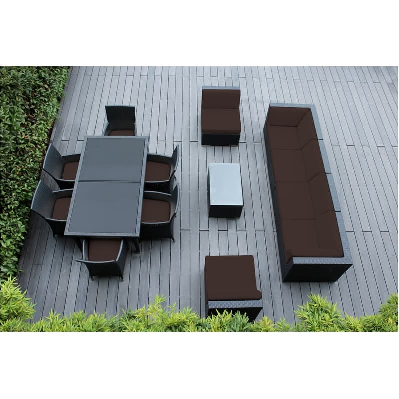 Ohana Outdoor Patio 14 Piece Black Wicker Sofa and Dining Set - Brown