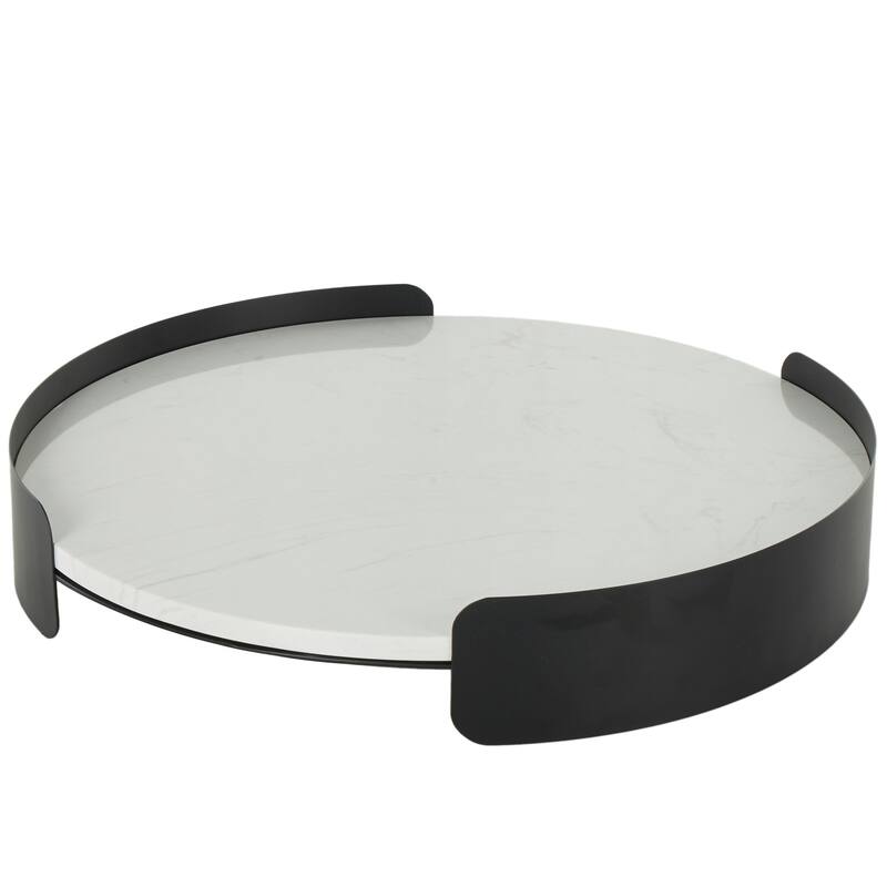 Marble Round Tray with Black Metal Frame - White - Roche River Decor - White - 19"W, 3"H
