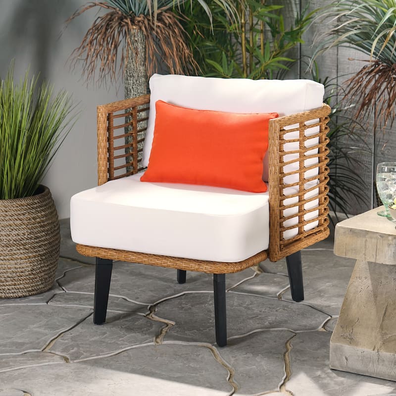 Roomfitters Modern Rattan Lounge Chair with Woven Frame, Cushion and Pillow, Boho Outdoor Accent Seating, Natural and White