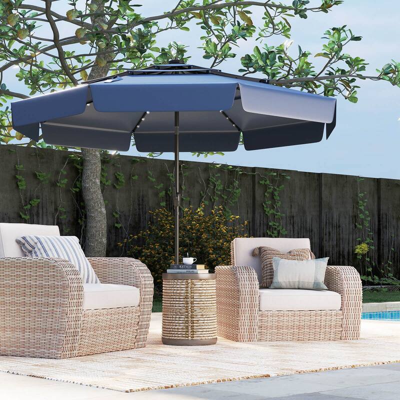 Costway 10 FT Solar Patio Umbrella with 32 LED Lights 3-Tier Vented - Blue