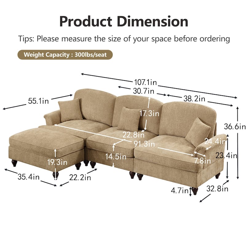 GDFStudio - Mid Century Chenille L-Shaped 3-Seater 107.1" Modular Sectional Sofa with Ottoman