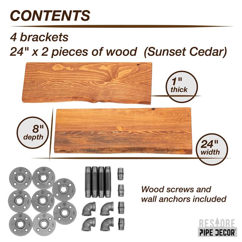 PIPE DECOR Live Edge Reclaimed Wood Shelf with Industrial Pipe Brackets, Set of 2