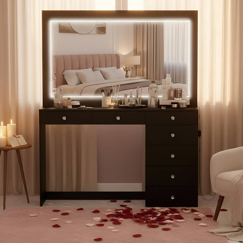 Boahaus Vanity Desk, Crystal Knobs, LED Lights, 7 Drawers