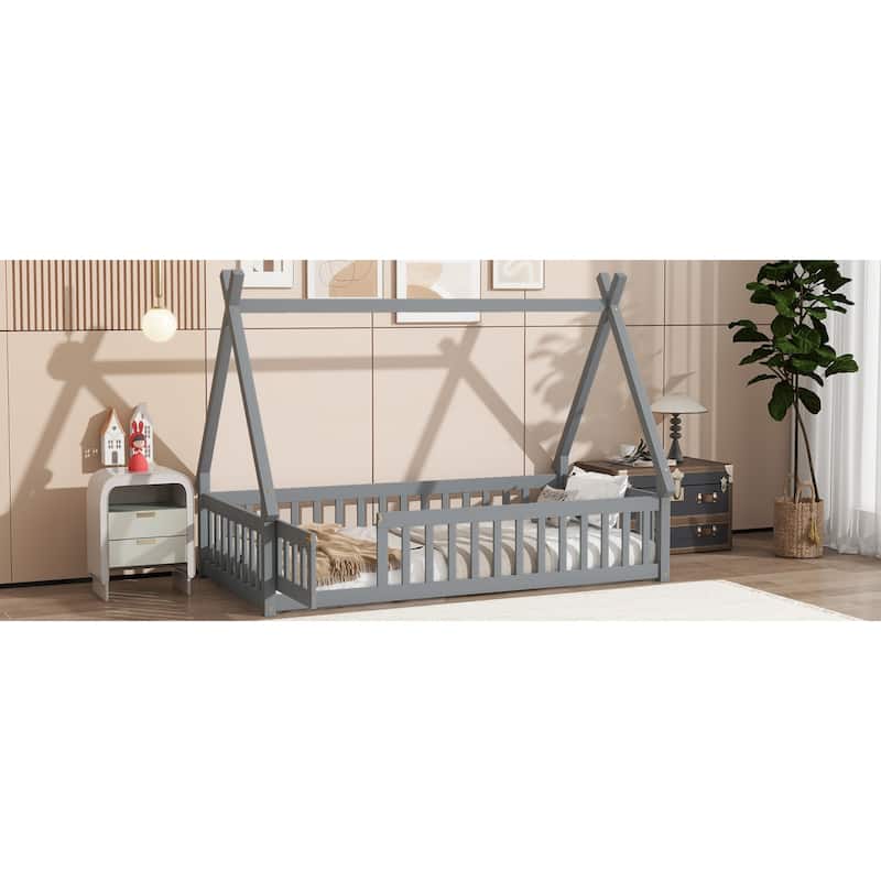Roomfitters Twin/Full Tent-Shaped Floor Bed with Teepee Frame, Rubber Wood Platform with Guardrails, Slats and Door