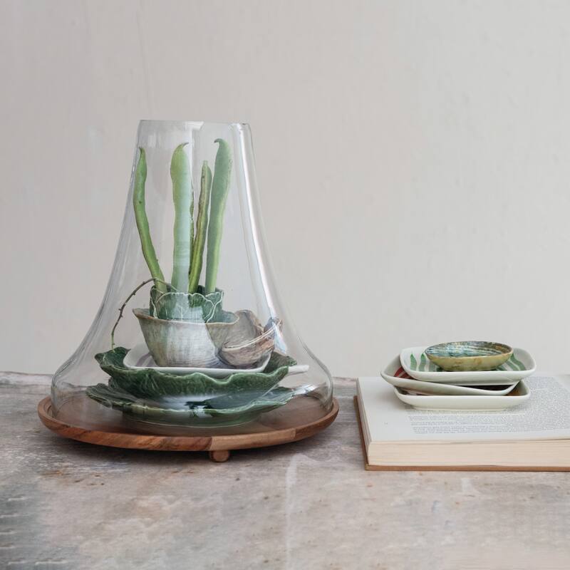 Reclaimed Glass Cloche with Mango Wood Base - 12.8"L x 12.8"W x 13.0"H - 12.8"L x 12.8"W x 13.0"H