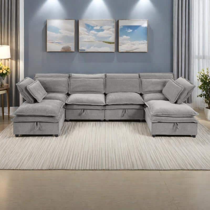 124" U-Shaped Modular Sectional Sofa (6-Seater) with Storage & Convertible Bed