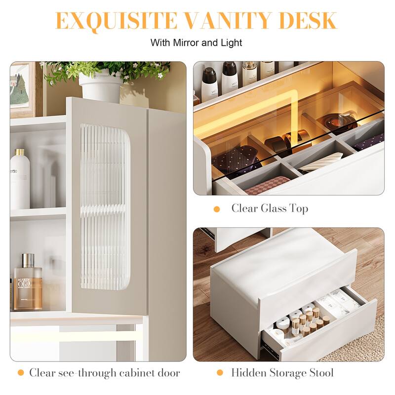 3-in-1 Vanity Table with LED Mirror & Storage Stool, Adjustable Lights