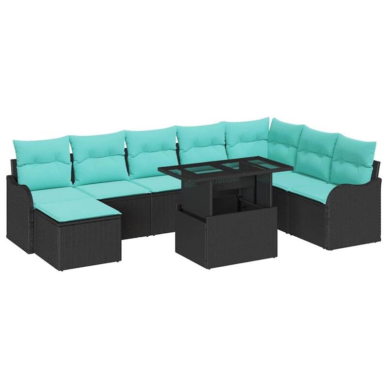 vidaXL 9 Piece Garden Sofa Set with Cushions Black Poly Rattan - 113.2×73×27.2