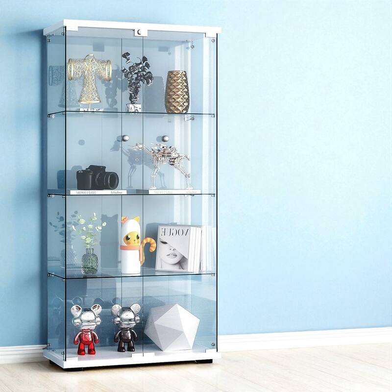 4-Shelf Glass Display Cabinet with 2 Doors, RGB LED Lights, Lockable Tempered Glass Showcase