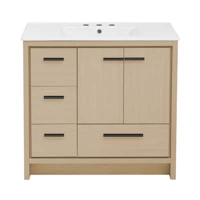 Virage 36 In. Brown Oak Bathroom Vanity With White, 3-Hole Ceramic Sink Top