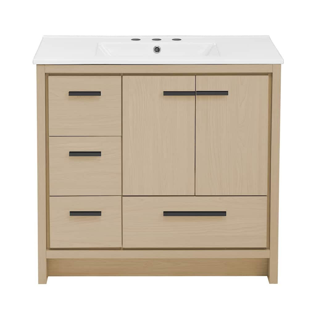 Virage 36 In. Brown Oak Bathroom Vanity With White, 3-Hole Ceramic Sink Top