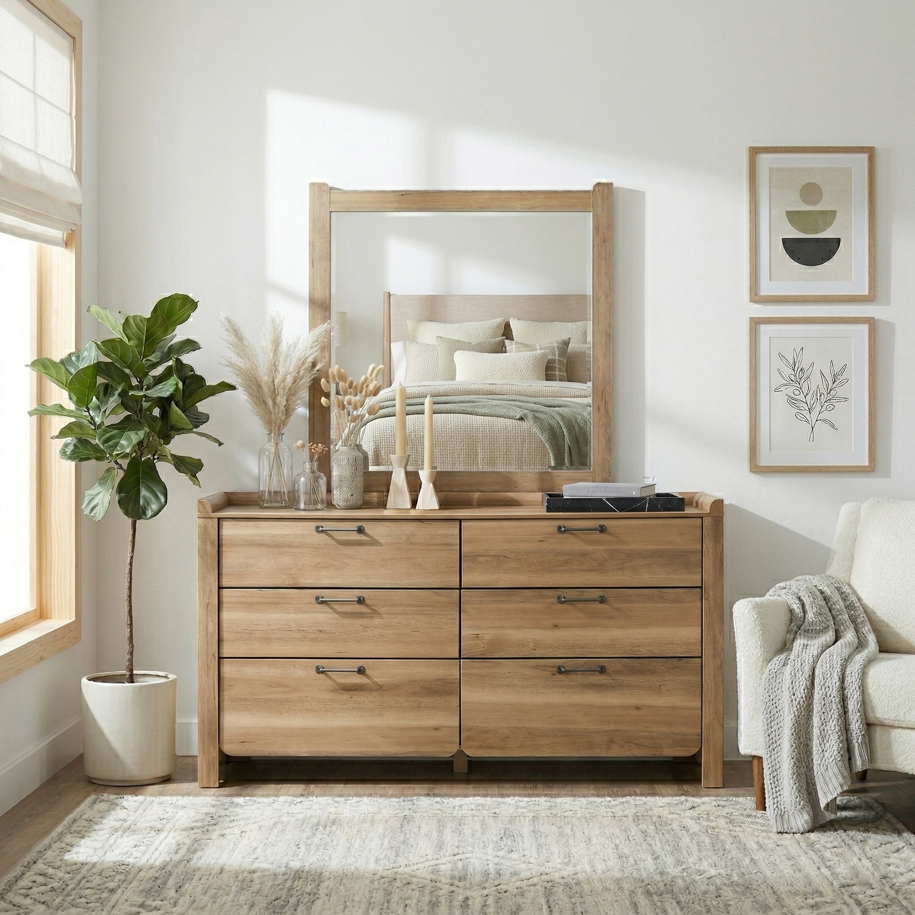 Furniture of America Aluvo Modern Natural Solid Wood 2-Piece Dresser and Mirror Set