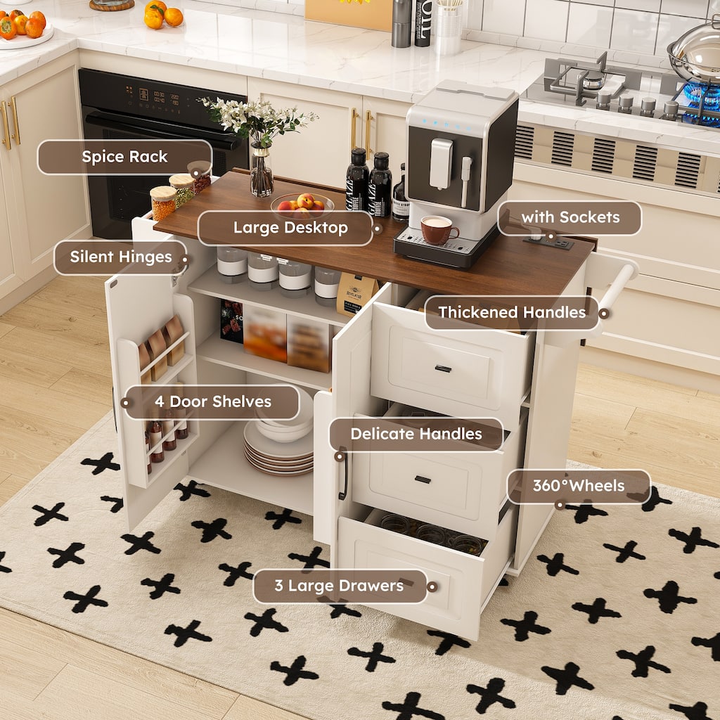 Rustic Kitchen Island, White Walnut Breakfast Bar, Mobile Rolling Storage Cart