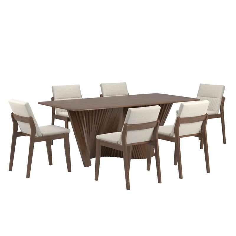 Norvik Wave Base Dining Table Set by iNSPIRE Q Modern - Linen Dining Chairs - Dark Walnut Finish