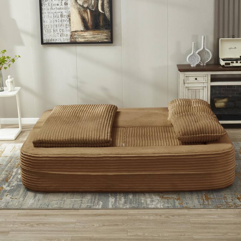 Convertible Floor Sofa Bed with Chaise Lounge, Corduroy 3-in-1 Sofa, Sofa to Bed with Dual-Purpose Blanket, No Assembly Required