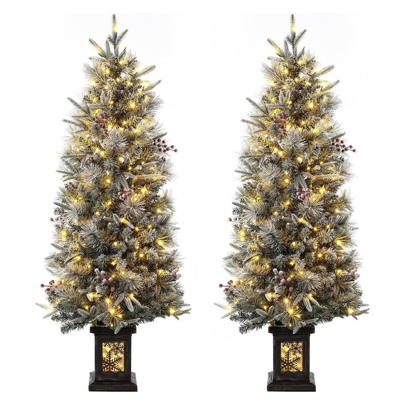 4.5 Ft Artificial Christmas Tree with 200 Warm White LED Lights and Red Berries Potted Base Holiday Xmas Tree - 9#2Pcs