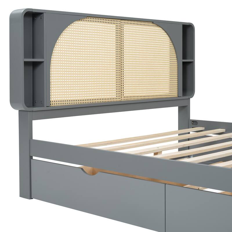 Queen Platform Bed with Rattan Headboard, 2 Storage Drawers and Pull-Out Trundle, with Built-In Compartments