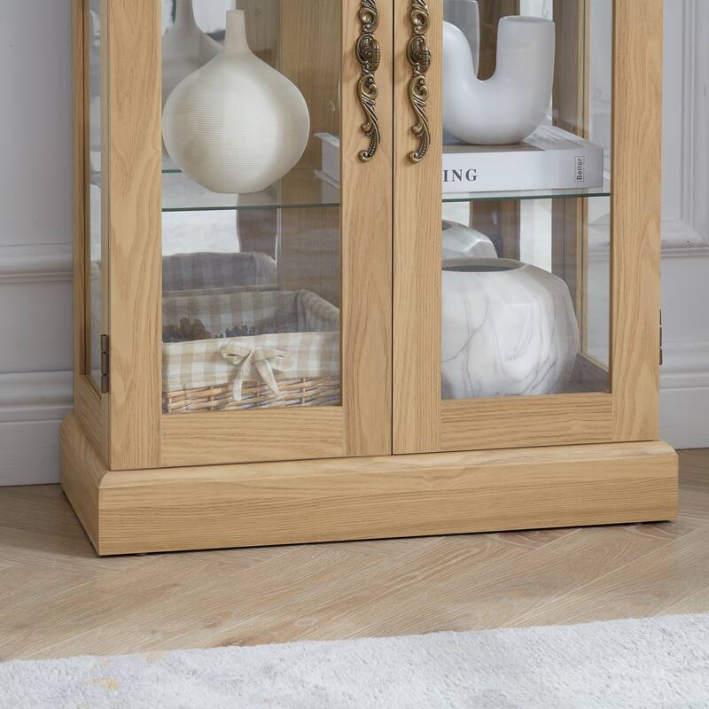 Lighted Glass Curio Display Cabinet: Wood Frame, Wine/Toy Storage - For Living Room/Kitchen, Bulb Included