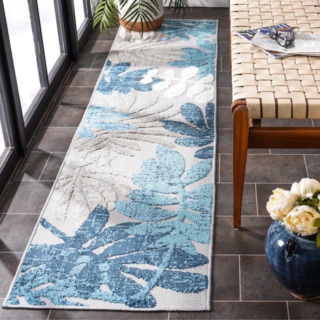 SAFAVIEH Cabana Laila Indoor/ Outdoor Waterproof Patio Floral Rug - 2' x 8' Runner - Grey/Blue
