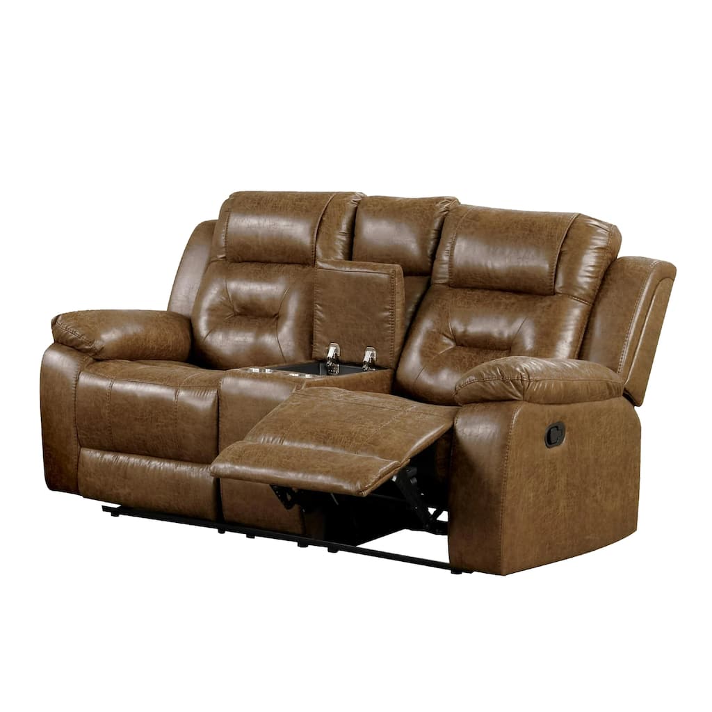 Kius Manual Recliner Loveseat, Brown Faux Leather, 70 Inch w Cupholders