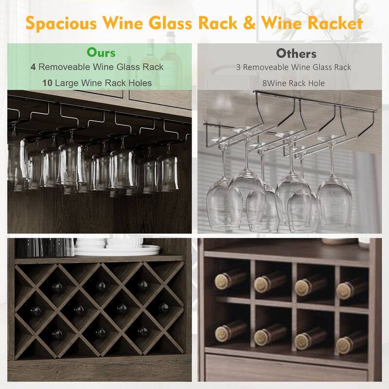 Meyreso 55" Oak Farmhouse Coffee Bar Cabinet with Hutch and Wine Storage