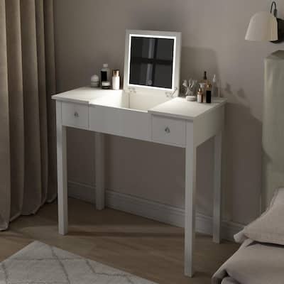 LED White Vanity Table with Flip-Top Mirror, 2 Drawers,Jewelry Storage