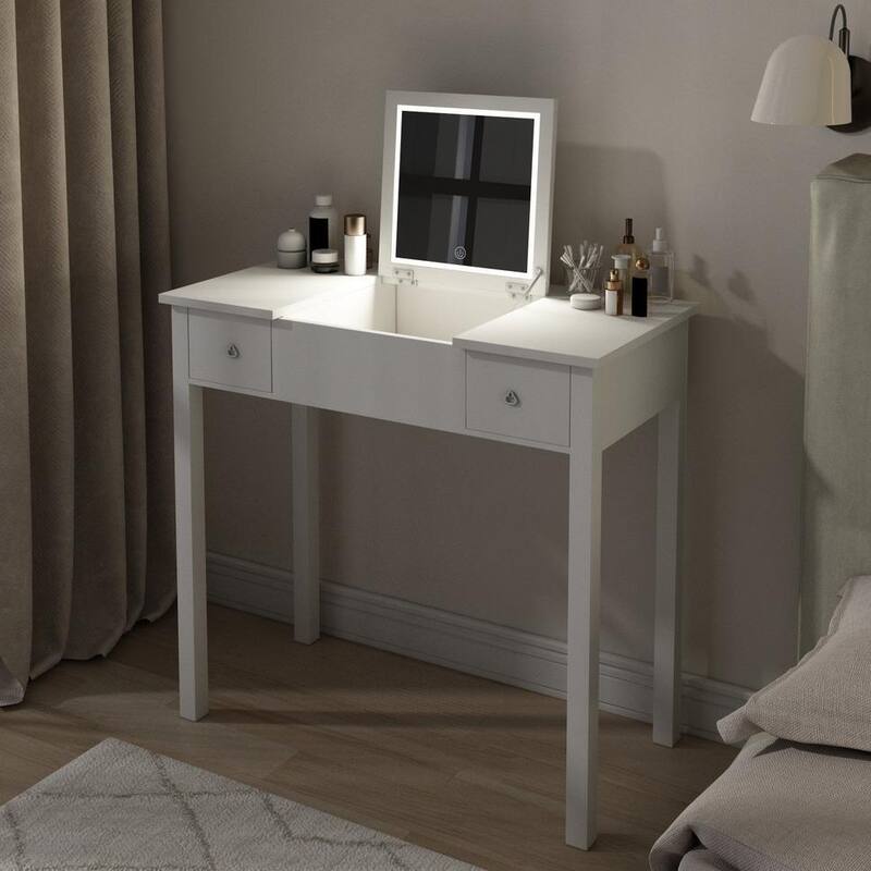 Small Flip Top Makeup Table with LED Lights, Mirror, 2 Drawers - White