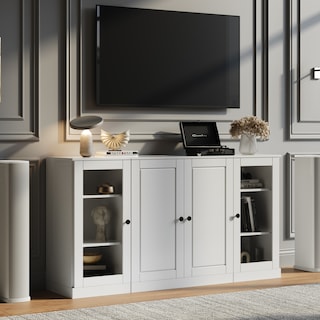 Palace Imports 100% Solid Wood TV Stand with Clear Glass and Solid Doors for TVs up to 65"