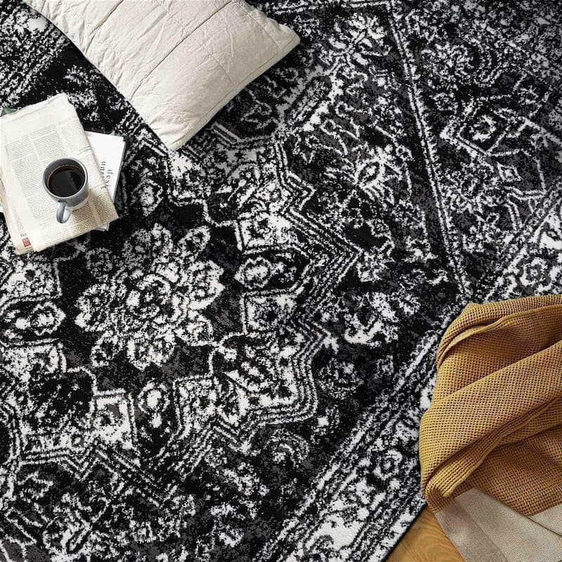 Black Ivory Vintage Medallion Stylish and Durable Area Rug