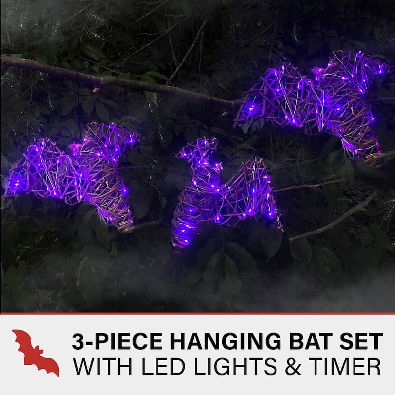 Haunted Hill Farm Set of 3 Battery-Operated Rattan Bats with Hanging Loops, Purple Lights, and Timer