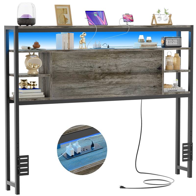 Headboards with Storage Shelves, Head Board with Power Outlet and LED Light for Bed Frame