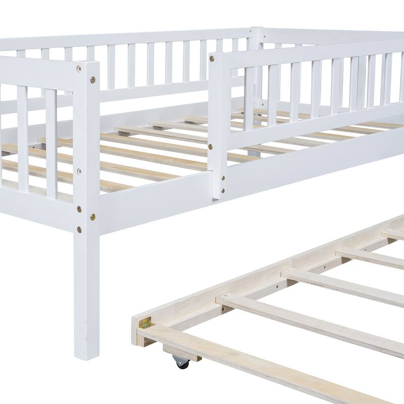 White Twin Wood Daybed with Trundle and Safety Guardrails