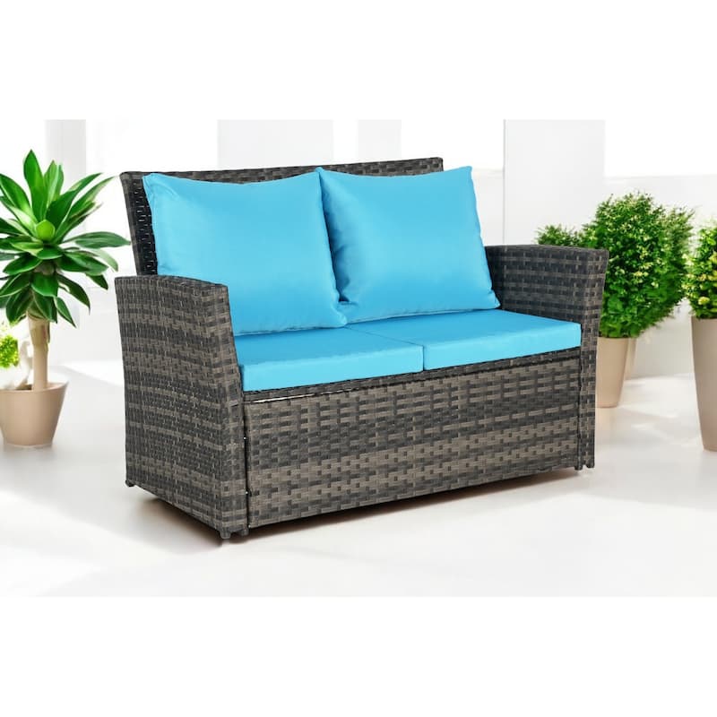 4-Piece Outdoor Patio Furniture Set, Garden Wicker Sofa with Poolside Lawn Chairs, Red Cushions, All-Weather Modular Design
