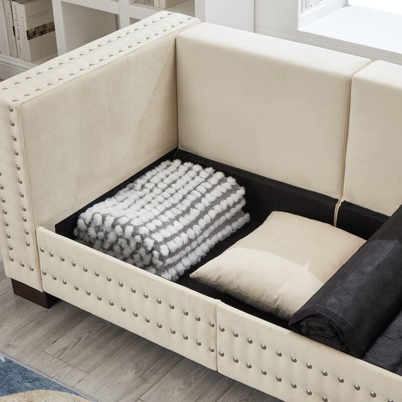 Velvet Loveseat Sofa with Storage, Comfy Upholstered Deep Seat Sofa, 2-Seater Sofa with Nailhead Trim & 6 Throw Pillows