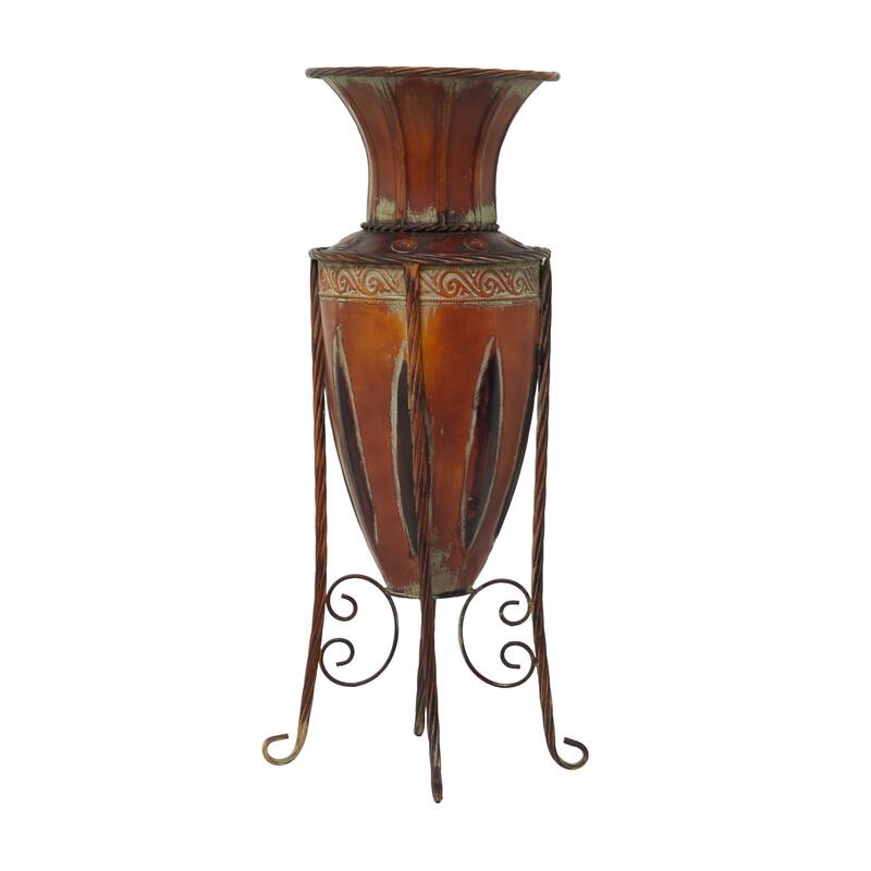 Metal Tall Vase with Attached Metal Stand and Intricate Design - Brown - Roche River Decor - 9"W x 9"L x 27"H