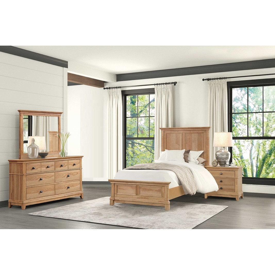 Rustic Farmhouse Oak Finish Bedroom Furniture Set Bed Nightstand Dresser Mirror