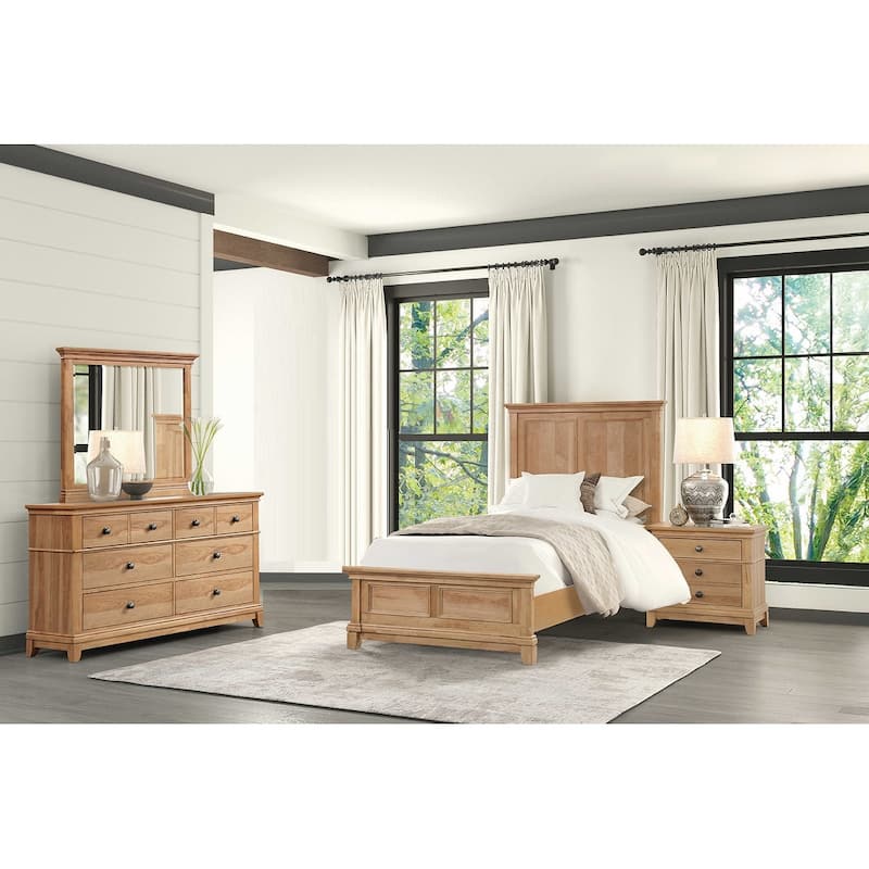 Rustic Farmhouse Natural Oak Finish 4 Piece Bedroom Furniture Set Bed Nightstand Dresser Mirror - Twin