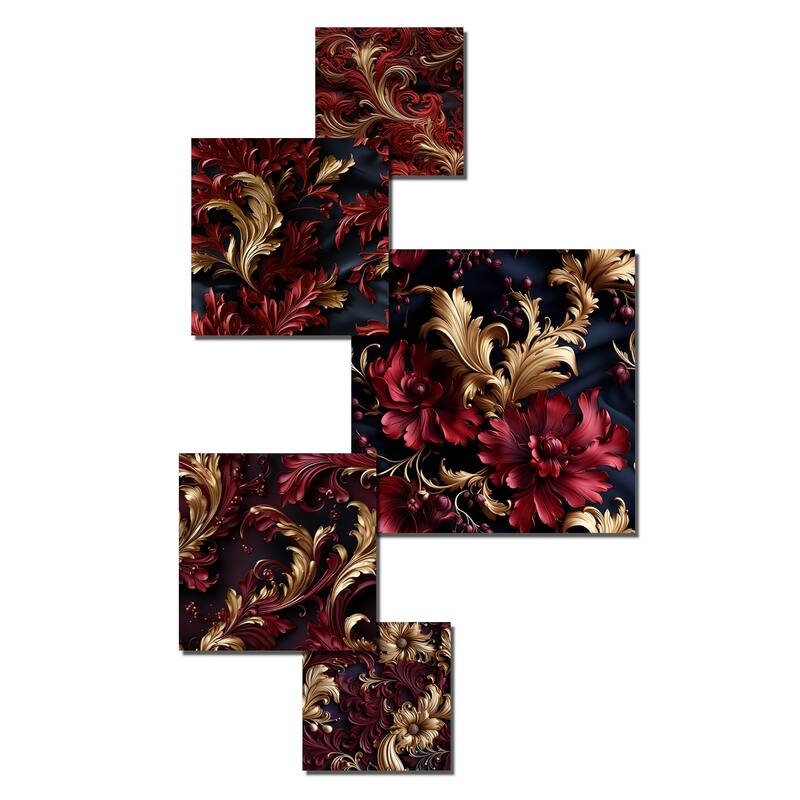 Designart "Opulent Baroque Scrolls Victorian Pattern" Damask Wall Art Set of 5 - Bohemian Metal Wall Art Office Room Set