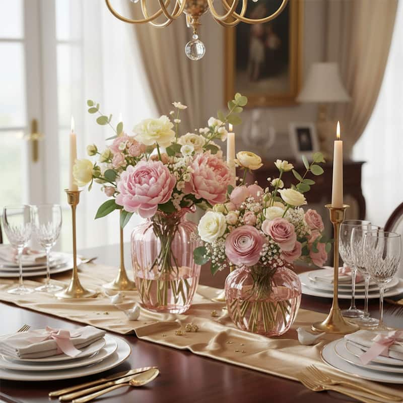 Fleurine Set of 2 Fluted Blooming Decorative Glass Flower Table Vases