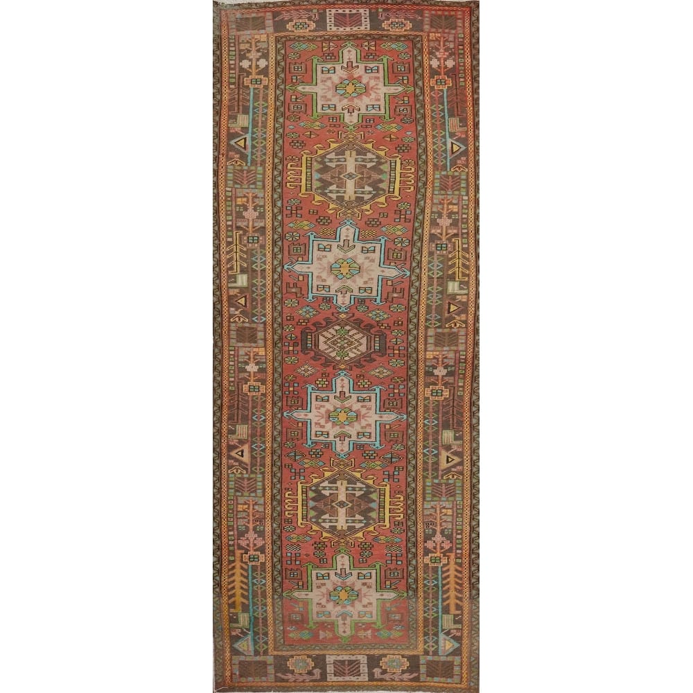 Hand Knotted Oriental 100% Wool Carpet Traditional Geometric Oranges & Rust Heriz Runner Rug - 10' 3'' X 3' 6''