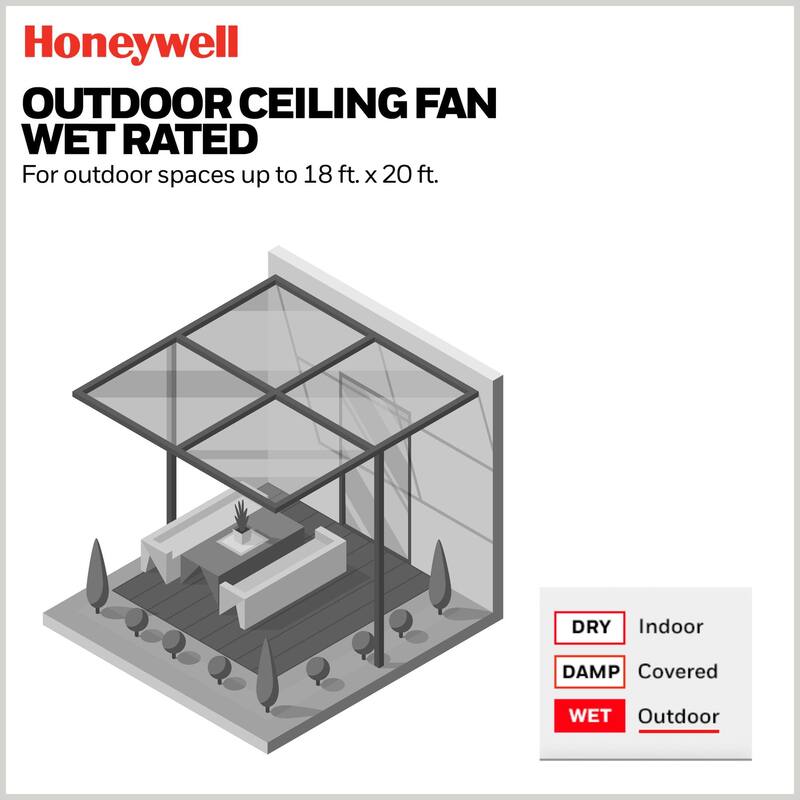 54" Honeywell Port Isle Wet Rated Outdoor Ceiling Fan with Light, Remote Control, Weather Resistant Blades