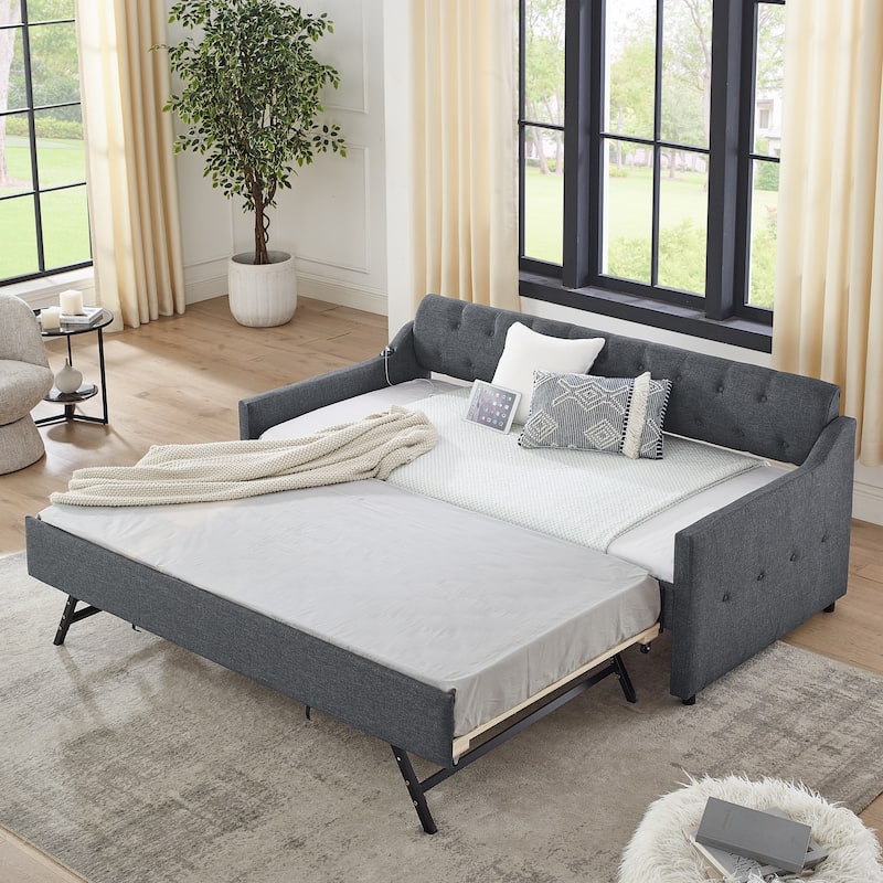 Dark Gray Twin Size Upholstery Daybed with Erectable Trundle & USB Design