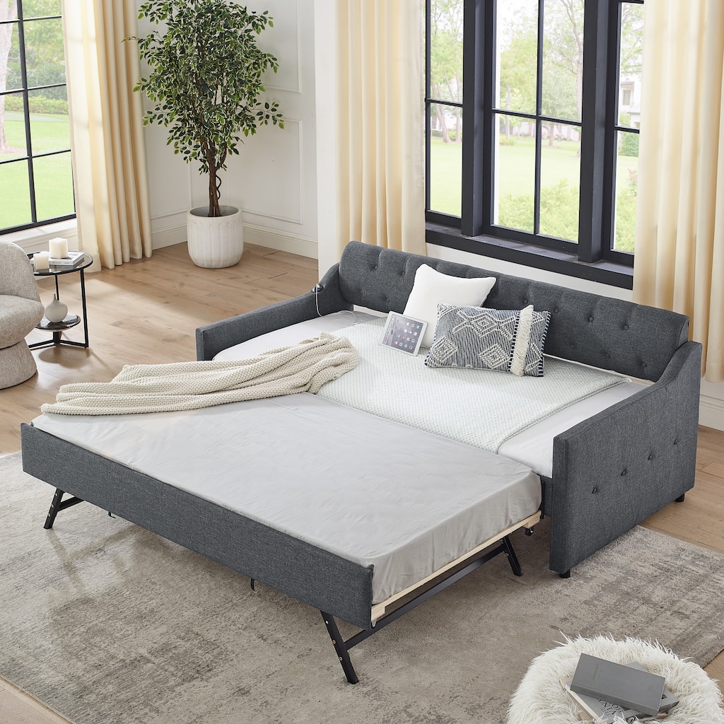 Twin Size Linen Fabric Upholstered DayBed with Twin Size Erectable Trundle and USB Charging Design, Dark Grey