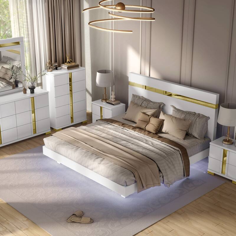 Furniture of America Halifax Modern 6-Piece Wood Platform Bedroom Set with Underbed LED - White - Full