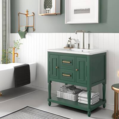 30" Bathroom Vanity with Single Sink,Storage Bathroom Cabinet with Door OpenShelf and Drawers Green