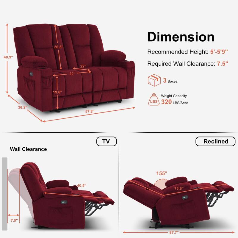 MCombo Electric Power Reclining Sofa with Massage and Lumbar Heat, Fabric 6015/6025/6035/6045